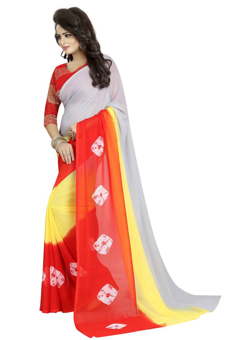 red printed georgette saree with blouse
