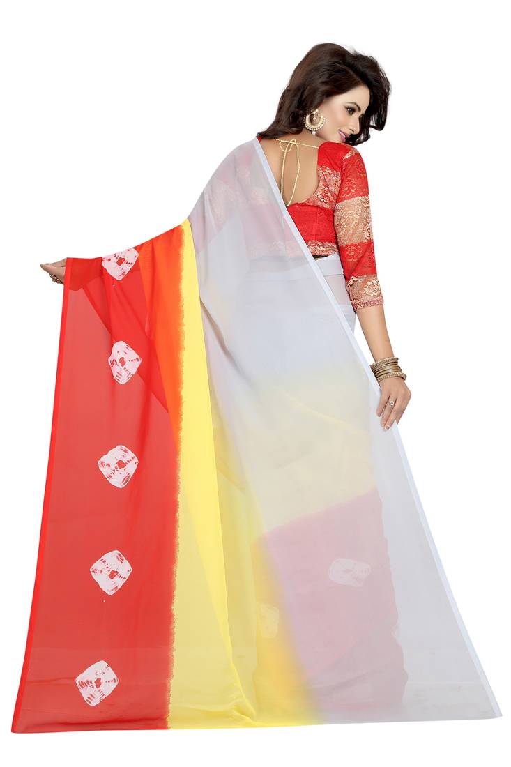 red printed georgette saree with blouse