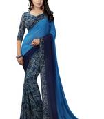 blue printed georgette saree with blouse