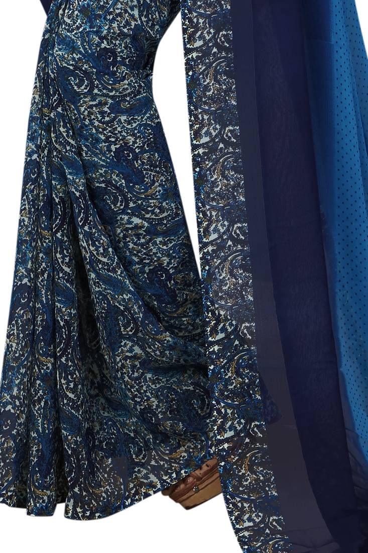 blue printed georgette saree with blouse