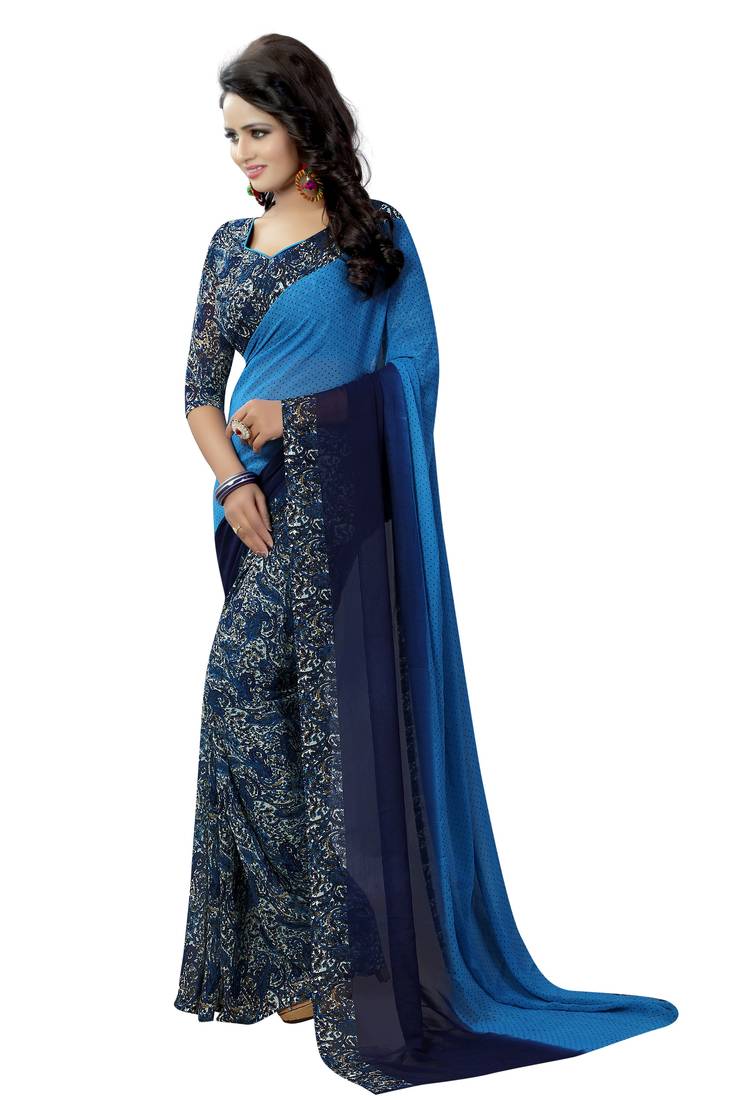 blue printed georgette saree with blouse