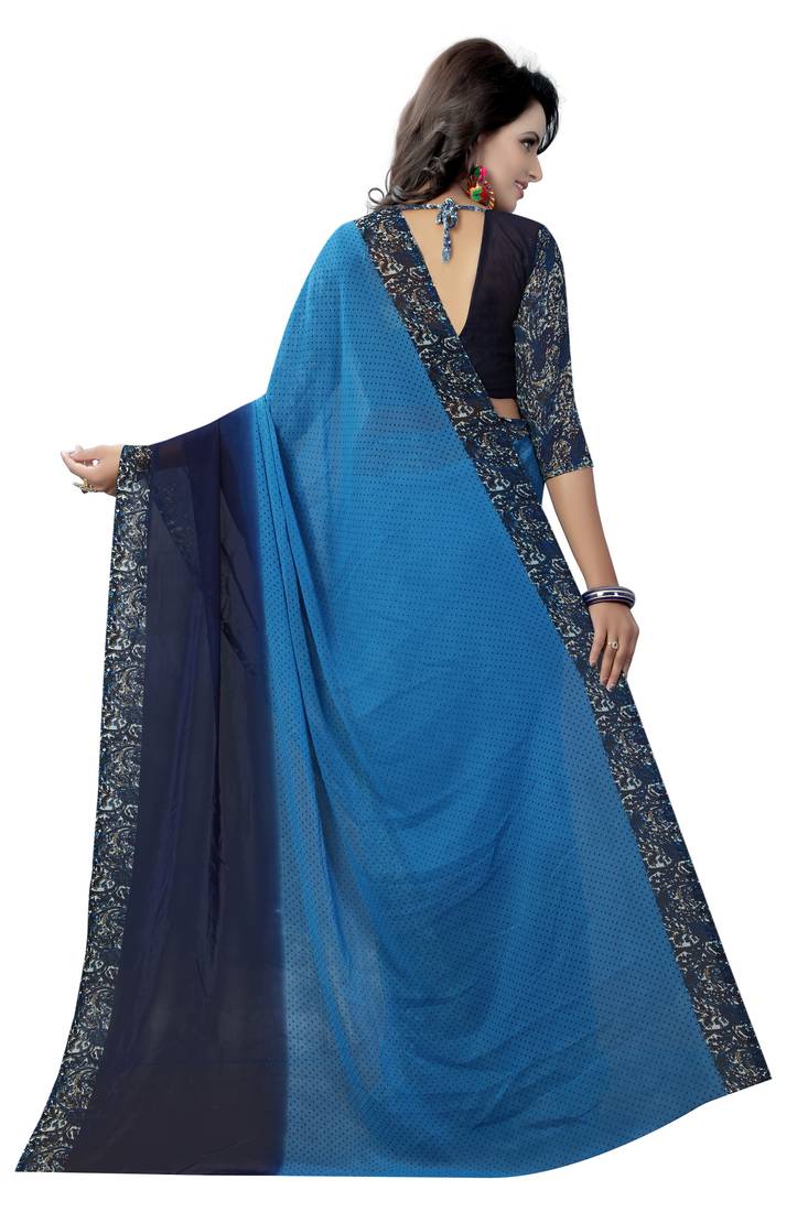 blue printed georgette saree with blouse