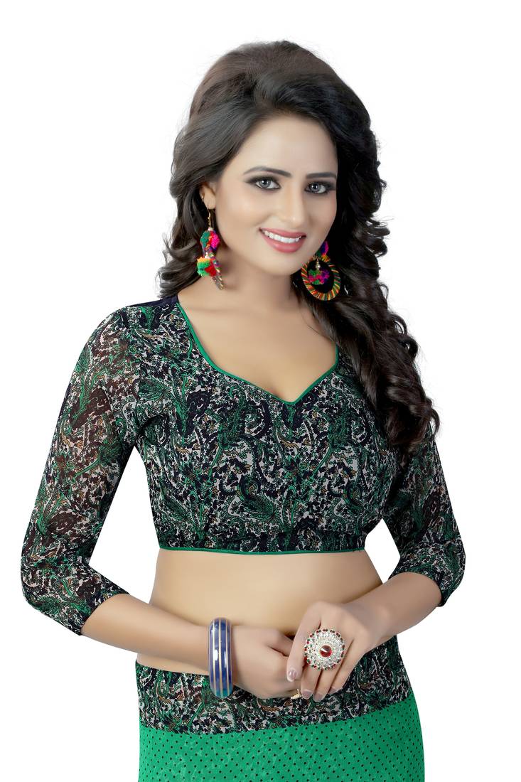 green printed georgette saree with blouse