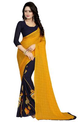 yellow printed georgette saree with blouse 1