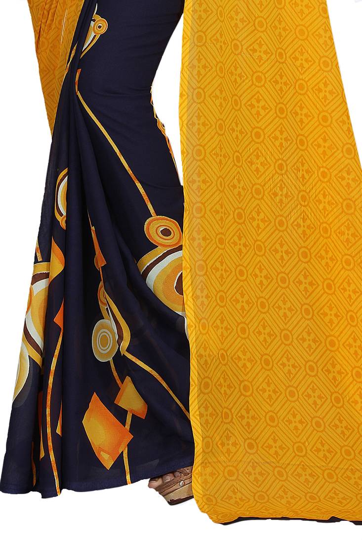 yellow printed georgette saree with blouse