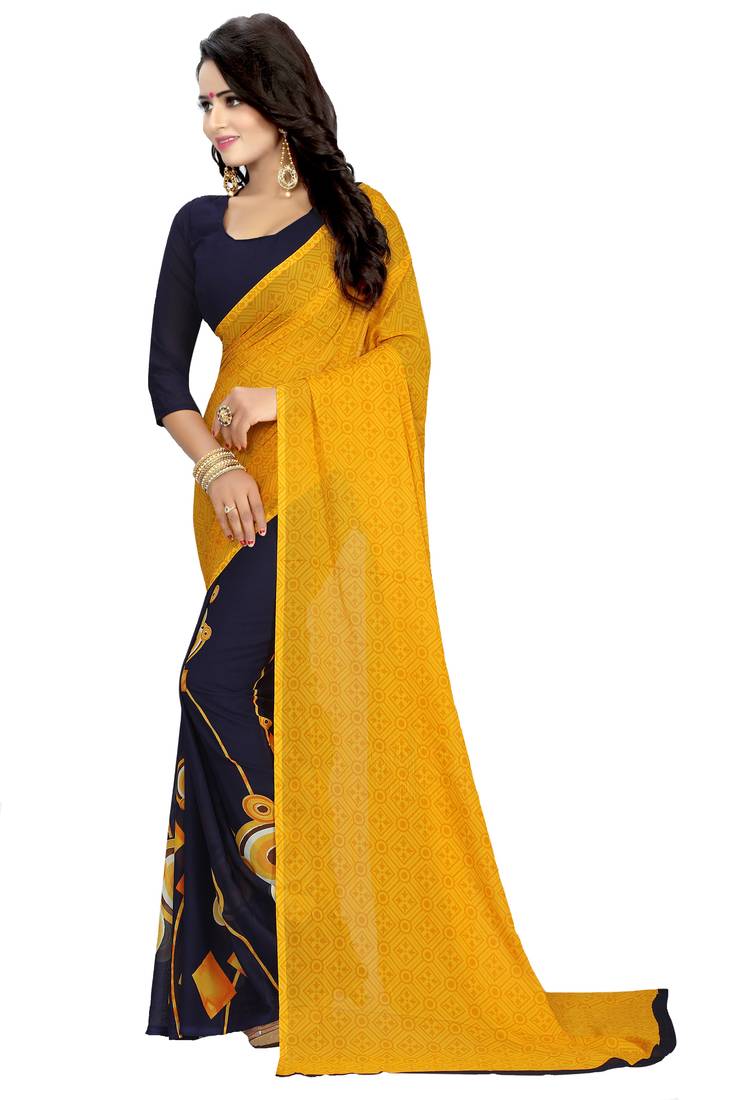 yellow printed georgette saree with blouse