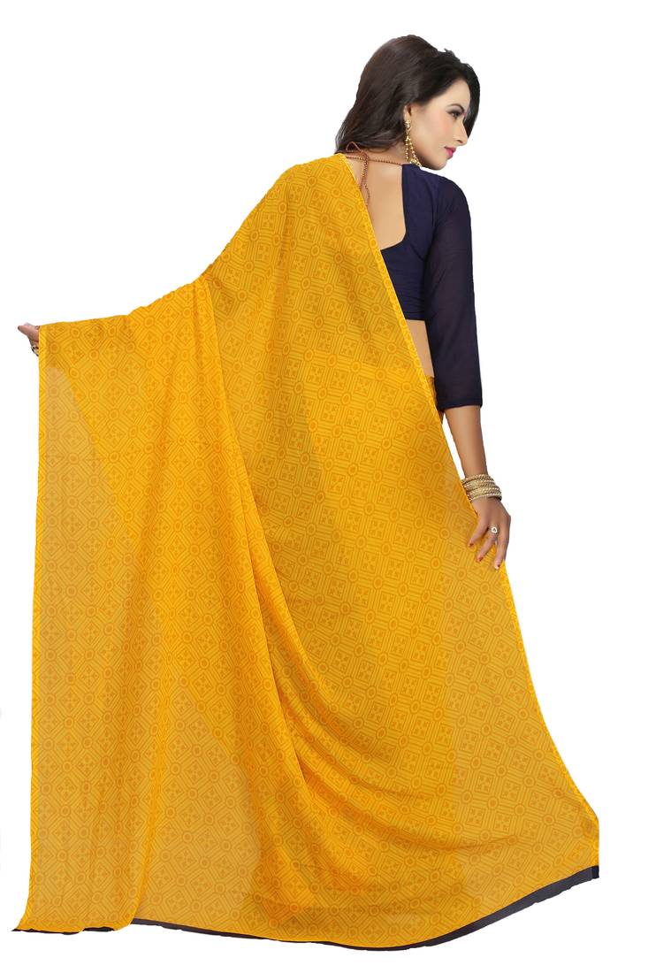 yellow printed georgette saree with blouse