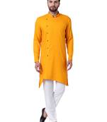 Yellow Viscose Plain Men Kurta