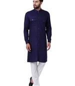 Blue Viscose Plain Men Kurta