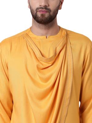 Yellow Viscose Plain Men Kurta 4