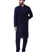Blue Viscose Plain Men Kurta