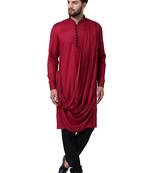 Maroon Viscose Plain Men Kurta