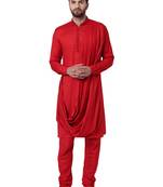 Red Viscose Plain Men Kurta