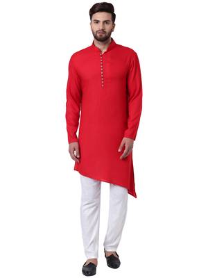 Red Viscose Plain Men Kurta 1