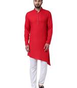 Red Viscose Plain Men Kurta