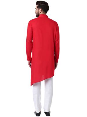 Red Viscose Plain Men Kurta 3