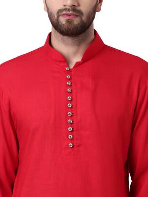 Red Viscose Plain Men Kurta 4