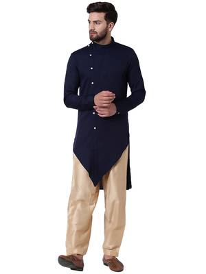 Blue Cotton Silk Woven Men Kurta 1