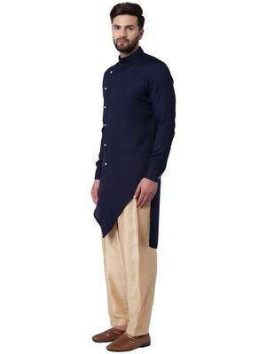 Blue Cotton Silk Woven Men Kurta 2
