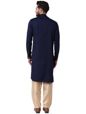 Blue Cotton Silk Woven Men Kurta 3
