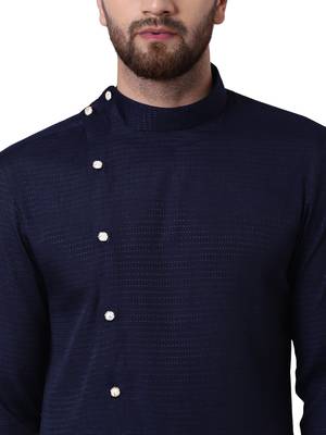 Blue Cotton Silk Woven Men Kurta 4
