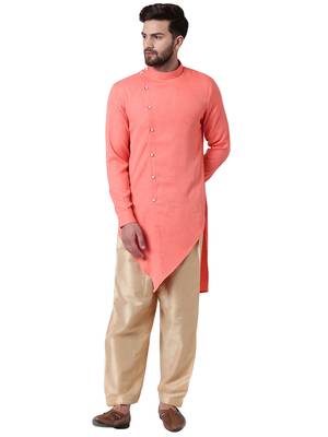Pink Cotton Silk Woven Men Kurta 1