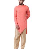 Pink Cotton Silk Woven Men Kurta