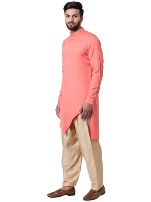 Pink Cotton Silk Woven Men Kurta 2