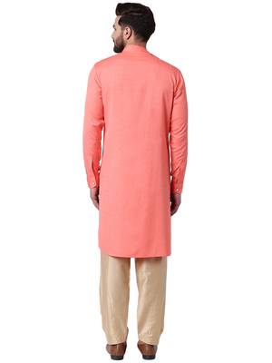 Pink Cotton Silk Woven Men Kurta 3