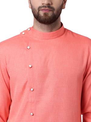 Pink Cotton Silk Woven Men Kurta 4