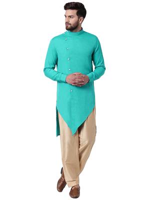 Green Cotton Silk Woven Men Kurta 1