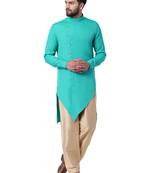 Green Cotton Silk Woven Men Kurta