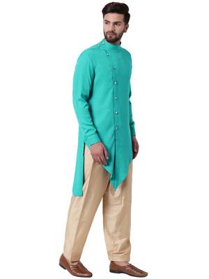 Green Cotton Silk Woven Men Kurta 2