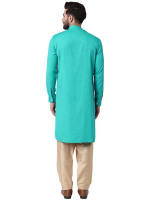 Green Cotton Silk Woven Men Kurta 3