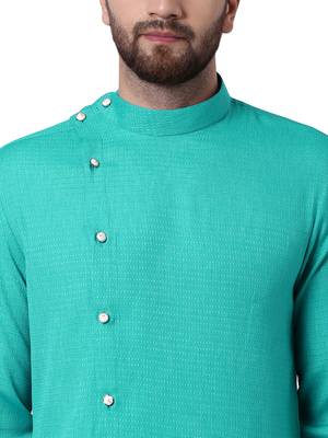 Green Cotton Silk Woven Men Kurta 4