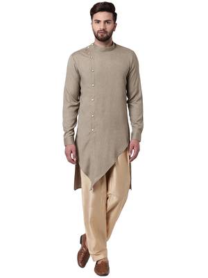 Beige Cotton Silk Woven Men Kurta 1