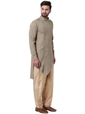 Beige Cotton Silk Woven Men Kurta 2