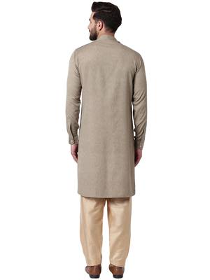 Beige Cotton Silk Woven Men Kurta 3