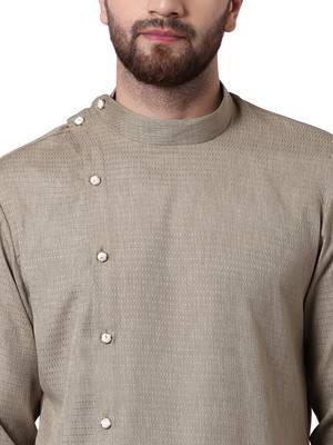 Beige Cotton Silk Woven Men Kurta 4