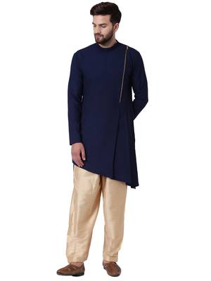 Blue Cotton Silk Plain Kurta Pajama 1