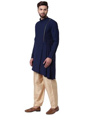 Blue Cotton Silk Plain Kurta Pajama 2