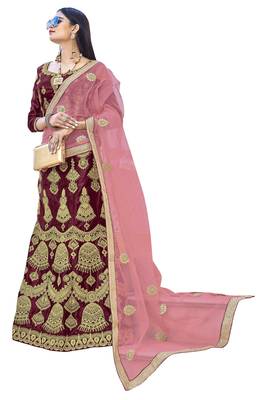 Maroon Embroidered Silk Semi Stitched Lehenga With Dupatta 1