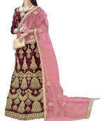 Maroon Embroidered Silk Semi Stitched Lehenga With Dupatta