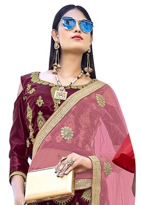 Maroon Embroidered Silk Semi Stitched Lehenga With Dupatta 2