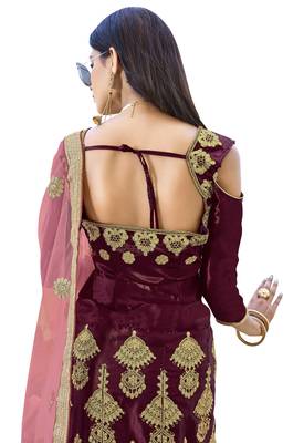 Maroon Embroidered Silk Semi Stitched Lehenga With Dupatta 3