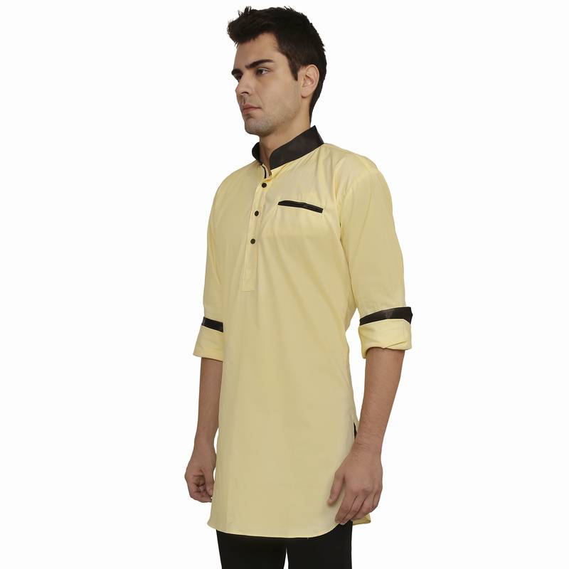 Yellow Cotton Plain Men Kurta