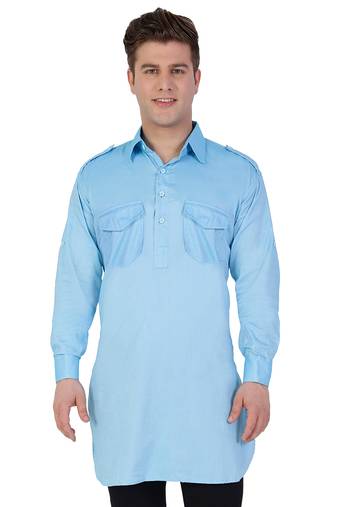 Blue Cotton Plain Men Kurta