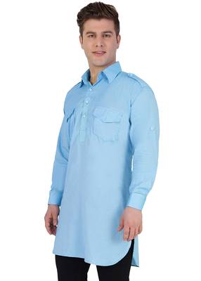 Blue Cotton Plain Men Kurta 2