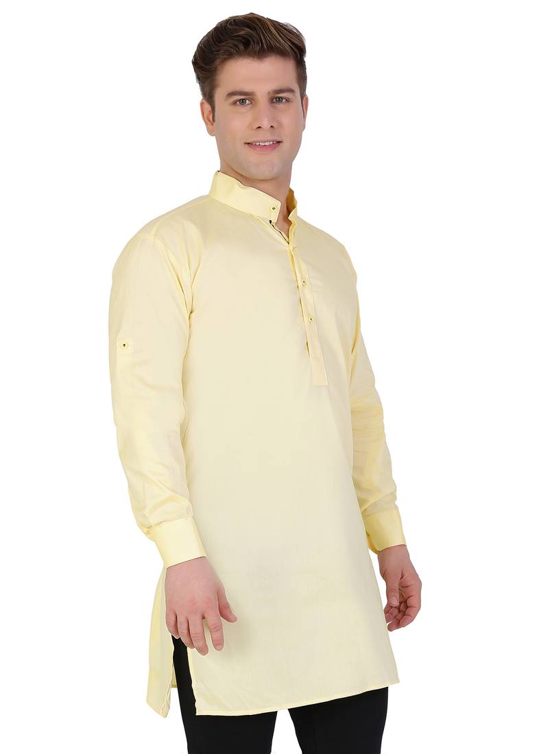 Yellow Cotton Plain Men Kurta