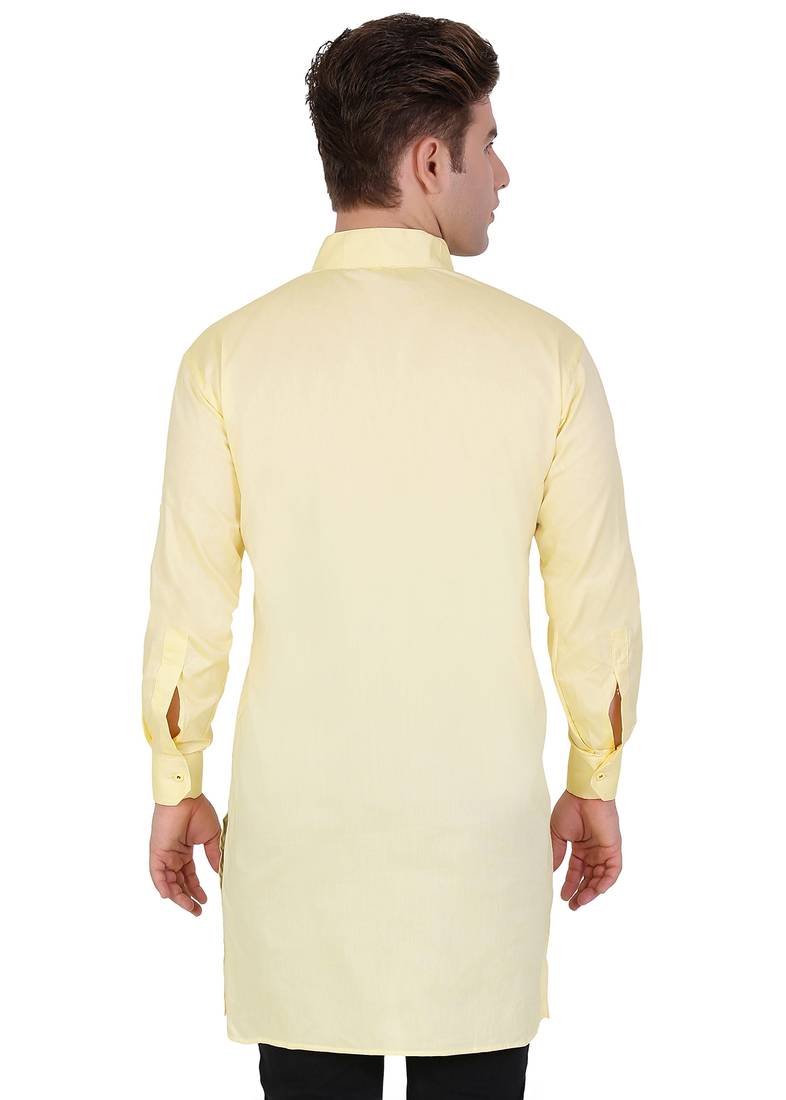 Yellow Cotton Plain Men Kurta